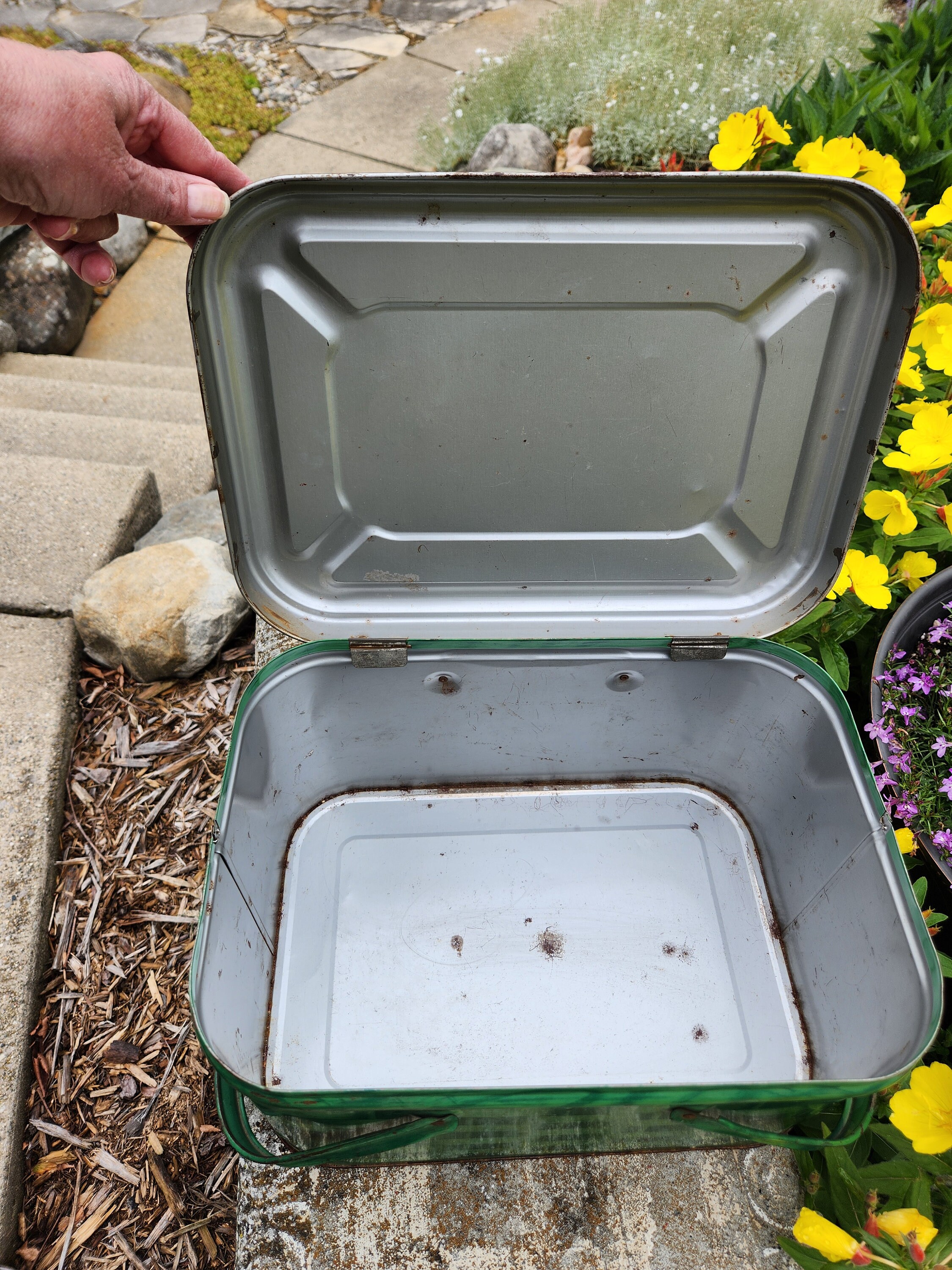 Vintage Green Metal Picnic Basket With Weave Pattern, Handles and a