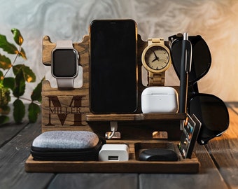 Handcrafted Wooden Men's Organizer, Personalized Charging Station with Watch Holder, Gift for Husband, Tech Accessories