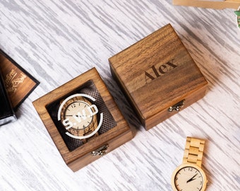 Gepersonaliseerde gegraveerde horlogedoos, walnoothouten kast voor weergave van één horloge, aangepast cadeau voor horlogeliefhebber, jubileum of verjaardagscadeau