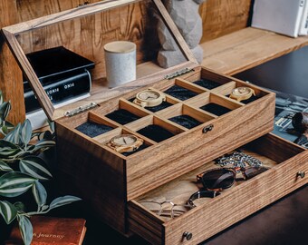 Scatola per orologi in legno realizzata a mano con cassetto, vetrina rustica per orologi da uomo, organizer con incisione personalizzata con interno in morbido velluto