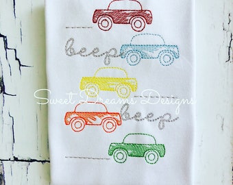 Beep Beep! Boys Vintage Stitched Cars Stacked - Transportation Tee