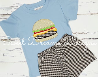 Hamburger Shirt - Big Mac Birthday Shirt For Boys - Burger Tee - Fast Food Shirt - Applique Hamburger Short Set - Brown Gingham Shorts - Set