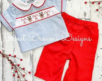 Boys Christmas Reindeer Candy Cane Pants Set - Rudolph Outfit - Dressy Christmas Clothes for Boys