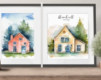 Individuelles Hausportrait,Einweihungsgeschenk,Geschenk zum ersten Zuhause,Illustration zu Hause,Aquarell-Hausportrait,Geschenk,Home Art