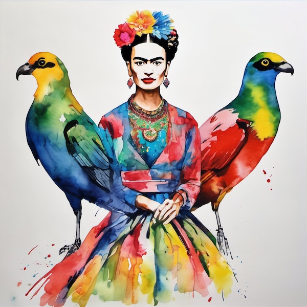 Aquarelle/Lithografie Hommage Frida Kahlo Papagei 103 Kunstbilder/Moderne Kunst/Contemporary Art/Leinwand Bilder/Surrealismus Leinwandbilder