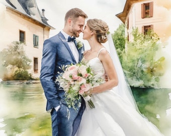 Hochzeit Foto als Aquarelle Änderung Druck oder Original Aquarelle Arbeit  Foto Benutzerdefiniertes Geschenk bis 80x80 cm Individuelle