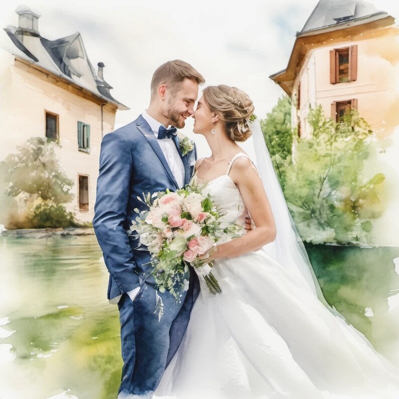 Hochzeit Foto als Aquarelle Änderung Druck oder Original Aquarelle Arbeit Foto Benutzerdefiniertes Geschenk bis 80x80 cm Individuelle Bild 1