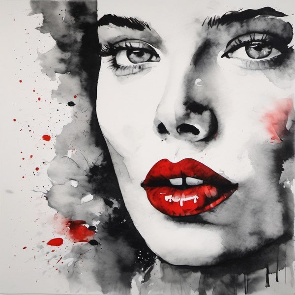 Aquarelle Lithografie/Digitaldrucke Expressive Portrait Frau/09 Rote Lippen Schwarz Weiss XXL Druck Posterpapier/Leinwand Bilder/Sinnlich