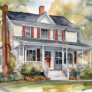 Erinnerung Elternhaus Blockhaus Stil Amerikanisch, Einweihungsgeschenk,Geschenk zum ersten Zuhause, Aquarell-Hausportrait,Geschenk,Home Art Bild 5