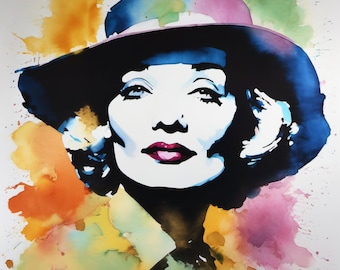 Aquarelle Lithografie/Digitaldrucke Hommage Marlene Dietrich 101 Aquarelle Schwarz Weiss  Modern XXL Druck Posterpapier/Leinwand Bilder/XXL