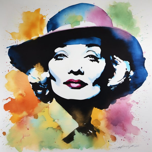Aquarelle Lithografie/Digitaldrucke Hommage Marlene Dietrich 101 Aquarelle Schwarz Weiss  Modern XXL Druck Posterpapier/Leinwand Bilder/XXL