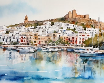 Personalisierung Ibiza Sommer Urlaub Strand Sonne Meer Kunstdruck ,Ibiza Textwunsch im Foto als Aquarell als Geschenk, schönste Zeit,