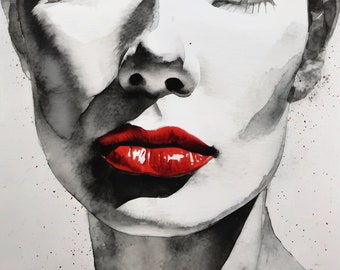 Aquarelle Lithografie/Digitaldrucke Expressive Portrait Frau/06 Rote Lippen Schwarz Weiss XXL Druck Posterpapier/Leinwand Bilder/Avantgard