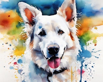 Pop Art Aquarellbild Personalisiertes Hundeportrait Hunde,Kunstbild weisser Schäferhund individuelle Geschenkidee Leinwandkunst Haustier