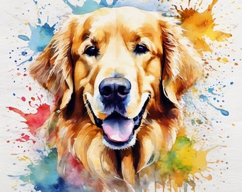 Pop Art Aquarellbild Personalisiertes Hundeportrait Hunde, Kunstbild Golden Retriever individuelle Geschenkidee Leinwandkunst Haustier