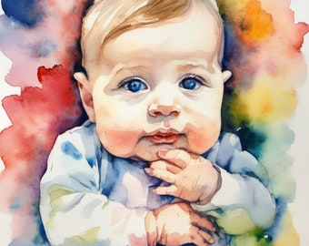 1st Birthday Baby Baptism Birth Photo as Watercolor Print or Original Watercolor Photo Custom Gift up to 80 x 80 cm Individual