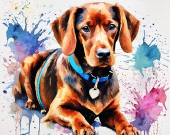 Pop Art Splash Aquarellbild Personalisiertes Hundeportrait Hunde, Kunstbild Dackel,  individuelle Geschenkidee Leinwandkunst Haustier/Hund