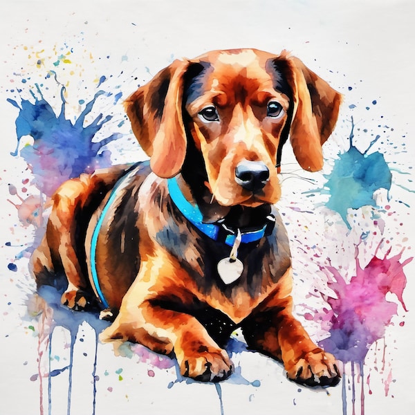 Pop Art Splash Aquarellbild Personalisiertes Hundeportrait Hunde, Kunstbild Dackel,  individuelle Geschenkidee Leinwandkunst Haustier/Hund