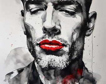 Aquarelle Lithografie/Digitaldrucke Expressive Portrait Sinnlich Mann /05 Rote Lippen Schwarz Weiss XXL Druck Posterpapier/Leinwand Bilder