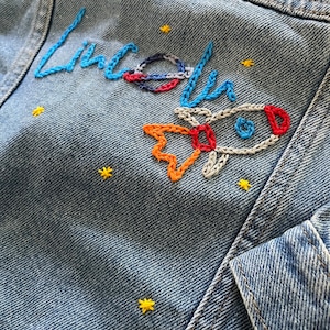 Custom, Hand Embroidered Baby, Toddler or Kid Jean Jacket with Name And Design Options