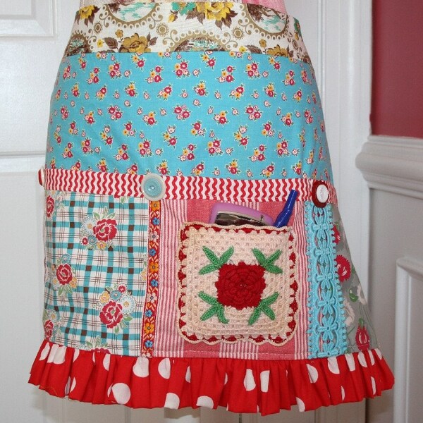 SALE SALE Craft Diva Apron with Multi Pockets including Pot Holder Pocket made from Vintage Fabrics, Trims and Buttons