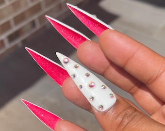 10 piece Duo White and Pink Rhinestone Encrusted Talons -Stiletto XXL Length Press on Nails