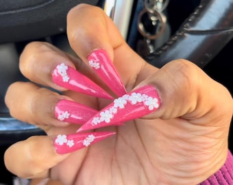 10pc Hawaiian Sunrise White Flower Pink Hibiscus Gel Press on Nails Talons -Stiletto XXL Length Press on Nails