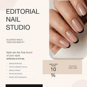 Può includere: Un volantino promozionale per uno studio di unghie con il testo Editorial Nail Studio, Elevated Nails, Timeless Beauty e un'offerta del 10% per i nuovi clienti. Il design include una fotografia di unghie curate con stile french manicure.