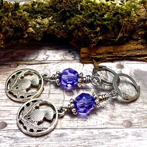 Earrings, Outlander inspired, Outlander jewelry, thistle earrings, scottish, celtic earrings, purple crystal, fandom jewelry, handmade