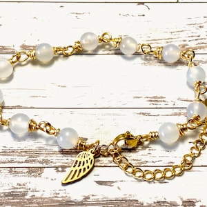 Angel wing bracelet with gold stainless steel wing charm and semiprecious stones, antiallergic jewelry, Ithuriel, Shadowhunters