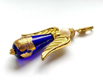 Guardian angel pendant, blue and gold angel, good luck charm, handmade lampwork, artisan jewelry, one of a kind, handmade, PerpetuaFelicitas