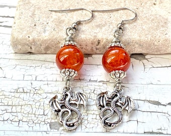 Dragon vein agate semiprecious stones and drgon charm earring pair, silver earrings, fandom jewelry, dragon jewelry, bookish gifts, Corra
