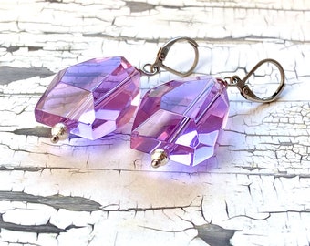 Large lavender crystal earrings, large faceted crystal, elegant earrings, statement earrings, handmade jewelry, Perpetuafelicitas