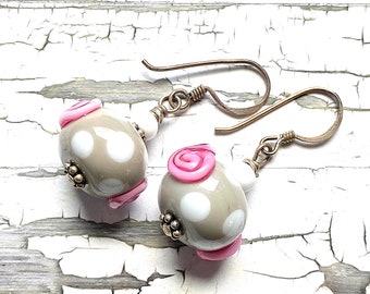 Sterling silver and handmade lampwork beads earrings, grey and white polka dots, pink roses, bookish jewelry, handmade