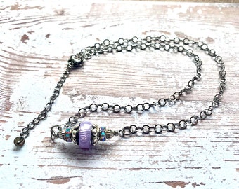 Silver and purple necklace, handmade lampwork bead jewelry, artisan lampwork, stainless steel, sparkling nuggets, handmade jewelry gift