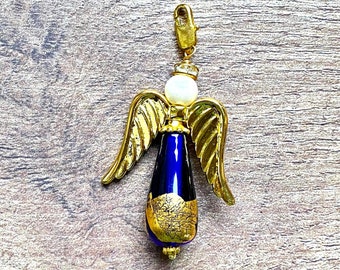 One of a kind guardian angel ornament, angel pendant, blue glass and real 24K gold leaf, handmade lampwork, artisan made,PerpetuaFelicitas