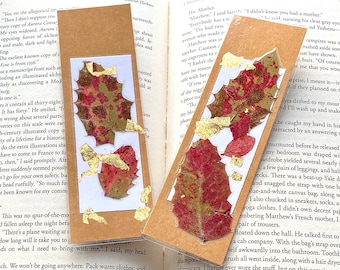 Set of two handmade bookmarks, laminated bookmark, natural dried leaves and gold leaf, gifts for readers, handmade bookmark, bookish gift
