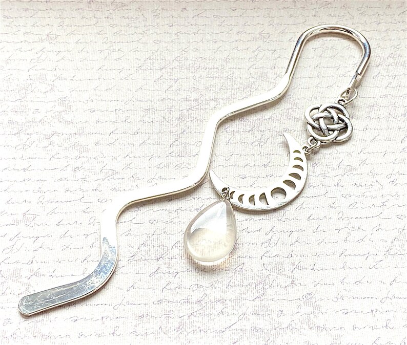 Bookmark with a celtic knot and a crescent moon, handmade bookmark, moon phase charm moonstone pendant bookmark, bookish gift, giftsunder20 image 1
