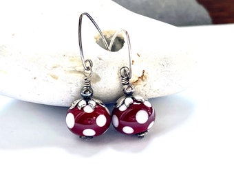 Sterling silver earrings with artisan lampwork beads, one of a kind artisan jewelry, red and white polkadot earrings, lampwork jewellery,