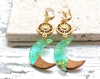 Crescent moon and sun earrings, resin and wood moon charms, cosplay jewelry, bookish jewelry