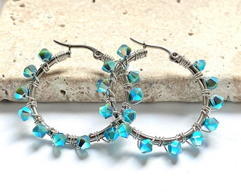 Turquoise austrian crystal wire wrapped hoop earrings, hand made artisan jewelry, gifts for her, christmas gift, Perpetuafelicitas
