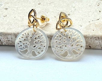 Gold tree of life and triquetra earrings, mother of pearl, lightweight erring pair, bookish jewelry, gift for readers, handmade