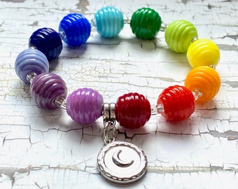 Rainbow Moon Bracelet, handmade lampwork beads, elastic no clasp bracelet, size inclusive pride jewerly, stainless steel,  Perpetuafelicitas