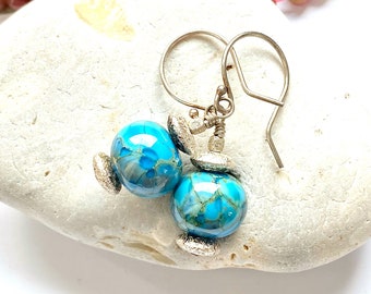 Carribean inspired sterling silver and handmade lampwork beads earrings, turquoise and aqua blue, artisan jewelry, handmade