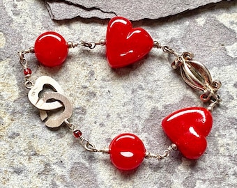 Be my Valentine sterling silver and artisan lampwork bracelet, red hearts, artisan jewelry, one of a kind, handmade