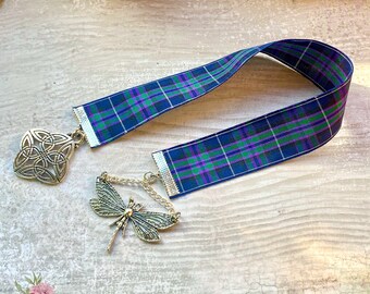 Book mark, Outlander inspired, tartan ribbon, Highlands, thistle, celtic knot, Highland tartan, Dragonfly, celtic cross, Scotland,  handmade