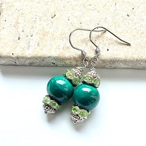 Handmade lampwork bead earrings, one of a kind artisan jewelry, silver and green earring pair, lampwork jewellery,