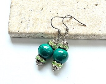 Handmade lampwork bead earrings, one of a kind artisan jewelry, silver and green earring pair, lampwork jewellery,