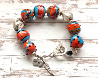 Sterling silver and artisan lampwork bracelet, artisan jewelry, one of a kind,  southwest style, birds of a feather, handmade
