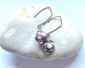 Sterling silver earrings with artisan lampwork beads, one of a kind artisan jewelry, blue with white polkadot earrings, lampwork jewellery,